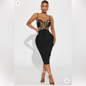 Black Midi Bodycon Dress with Gold Accent